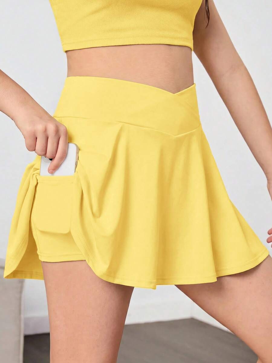SHEIN 青少年女孩春夏休閒運動高彈性舒適交叉腰褶邊下擺喇叭裙褲,附手機口袋,瑜伽運動服,黑色 - 黃色 - 查看 1