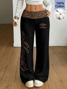 Coolane Pantalones de chándal casuales de moda para mujer con estampado de leopardo - Negro - Ver 2