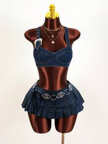 Amplova Women's Sexy Cropped Denim Top With Shoulder Eyelet Buckle Design Summer Tops Party Top Beach Top Going Out Tops Casual Top Y2K Tops Blue Top - Dark Wash - View 5