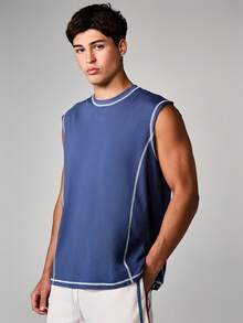 SUMWON Active Lab Sleeveless Tank Top With Contrast Stitching Crew Neck Regular Fit Summer Essential - Blue - View 1
