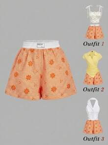 SHEIN MOD 女款休閒寬鬆 Hi-Letter 條紋腰帶彈性腰短褲 - 橘色 - 查看 2