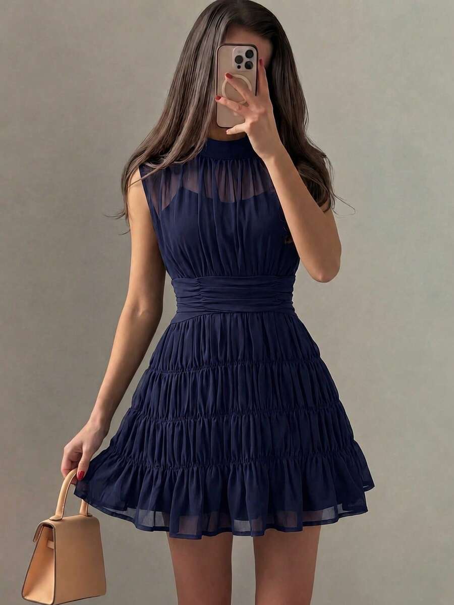 NOVVYNE Black Chiffon Shirred Waist Sleeveless Elegant French Style Vacation Party Dress For Women - Royal Blue - View 1