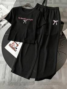 SHEIN 2件組青少年短袖長褲套裝，蝴蝶結緞帶粉色，適合春/夏，運動與通勤 - 黑色 - 查看 5