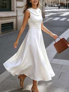 Pariaura Women's Premium White Sleeveless Dress, Versatile For Daily Commute Office Tea Party, Outings And Dates Teachers' Day Wedding Summer French Elegant - Beige - View 5