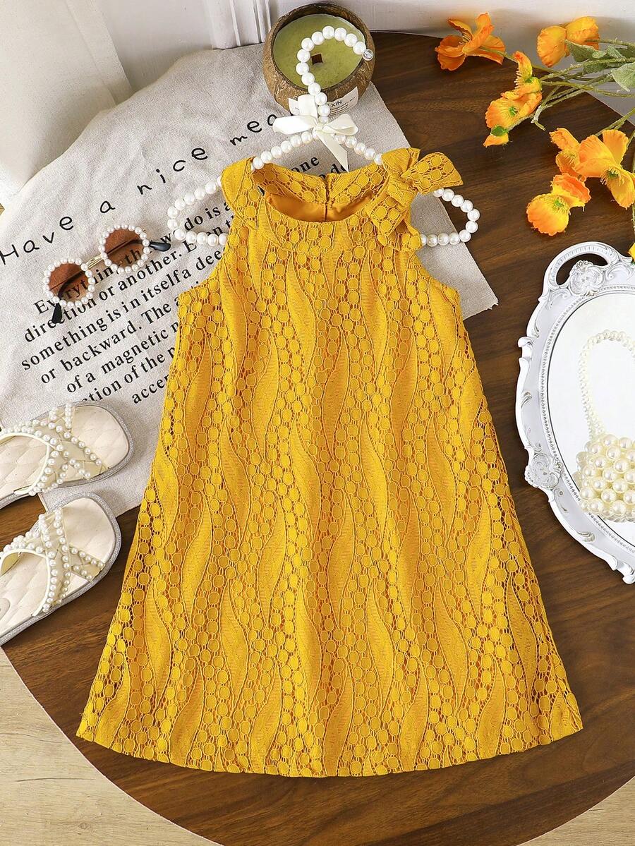 SHEIN 女童3D花朵網紗洋裝,甜美蝴蝶結休閒寬鬆細肩帶公主裙,夏季無袖日常穿著或節慶適用 - 黃色 - 查看 1