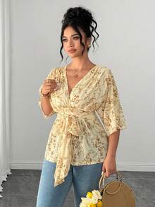 Elenzga Plus Size Women's Ditsy Floral Mesh V-Neck Tie Waist A-Line T-Shirt,Yellow Summer Boho Vacation Holiday Casual Short Sleeve Fashionable Versatile Top - Multicolor - View 7