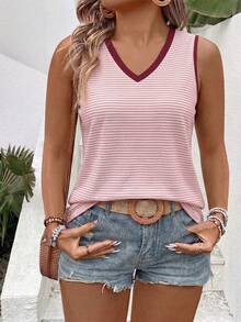 EMERY ROSE Women's Spring/Summer New Hot-Selling Striped Print Pattern Contrast Trim Design Casual Versatile Plus Size Tank Top - Multicolor - View 4