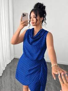SHEIN Clasi Plus Size Women's Woven Printed Ruched Neck Asymmetrical Tie Elegant Summer Sleeveless Vacation Dress Formal Evening Blue - Blue - View 5