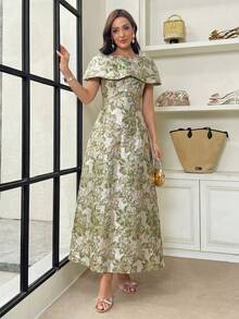 Modelyn Vestido de fiesta elegante de jacquard con cintura ceñida y largo medio para mujer - Verde Oscuro - Ver 3