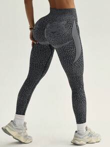 SHEIN Women's Leopard Print High Waist Seamless Athletic Leggings - Grey - View 5