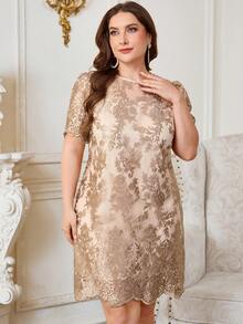 Reflora Plus Size Summer Elegant Embroidered Mesh Dress Formal Wedding Beige - Champagne - View 4
