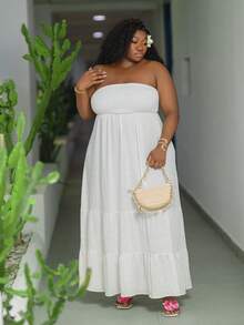 CurvyTilda Vacation Casual - Plus Size Green Solid Color Spring Style Strapless Dress,Summer Dresses For Women,Maxi Dress White Elegant - White - View 3
