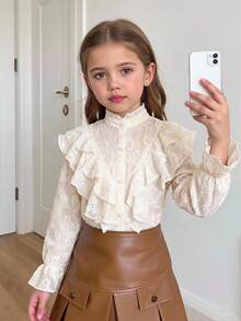 Firerie Kids Firerie Kids Elegante zarte Retro-Palaststil-Bluse für Kleine Mädchen und Tween-Mädchen in Apricot, einfarbig, mit Stehkragen, Rüschen, Jacquard-Struktur, Knöpfen und ausgestellten Ärmeln, für den Alltag und Schulanfang - Weiss - Übersicht 4