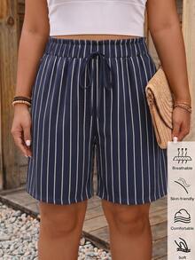 SHEIN LUNE Celana Pendek Wanita Ukuran Besar Motif Garis-garis dengan Tali Serut di Pinggang dan Kantong untuk Musim Panas - MultiWarna - View 1