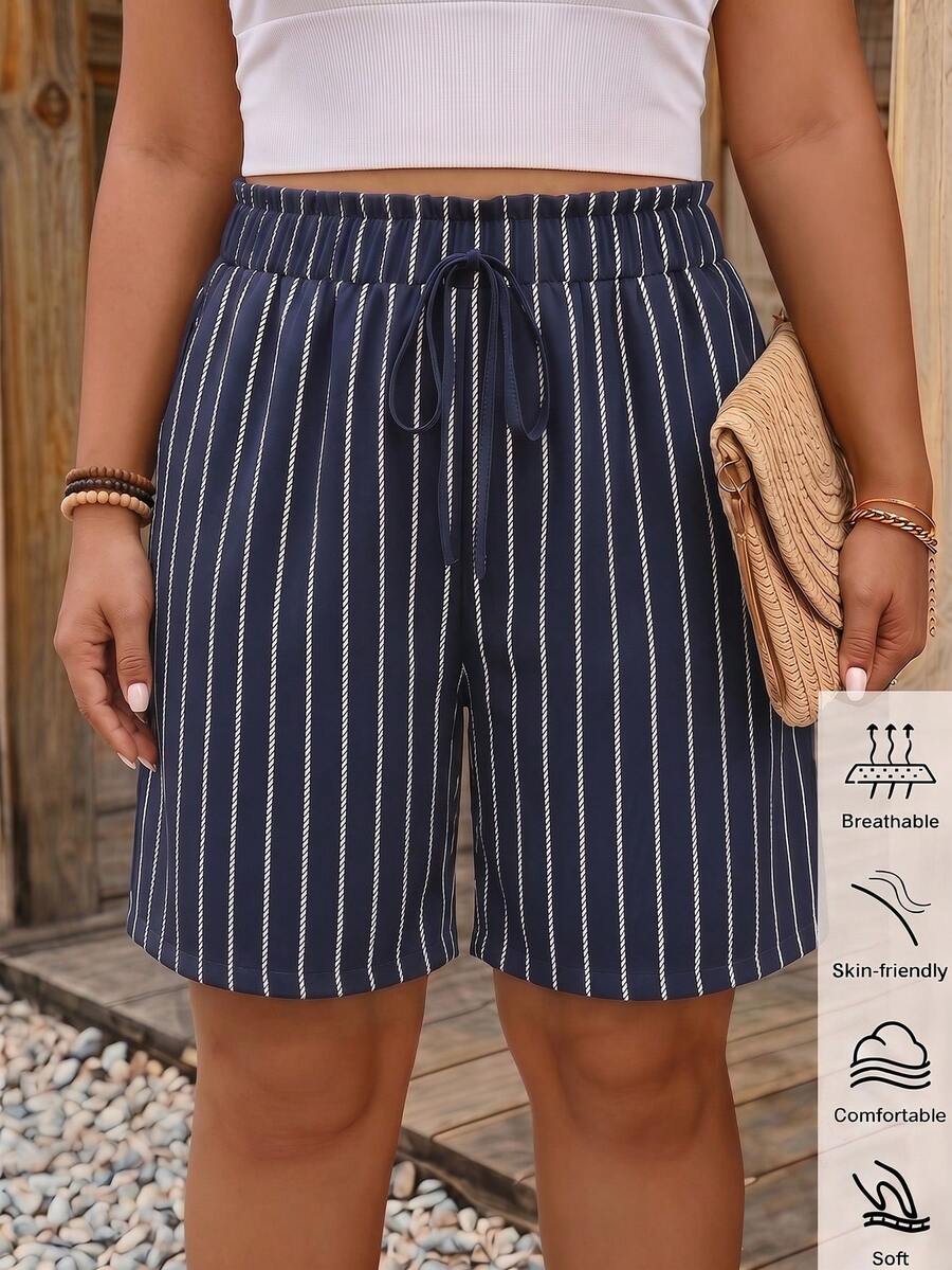 SHEIN LUNE Celana Pendek Wanita Ukuran Besar Motif Garis-garis dengan Tali Serut di Pinggang dan Kantong untuk Musim Panas - MultiWarna - View 1