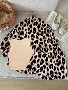 LMoss Kids 女童編織休閒襯衫 + 吊帶背心 + 短褲套裝 - 棕色 - 查看 2