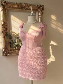 Lovelzi Plus Size Elegant Romantic Sexy Pink Strapless 3D Floral Fabric Waist-Defining Bodycon Short Party Wedding Cocktail Dress Wedding Spring - Pink - View 3