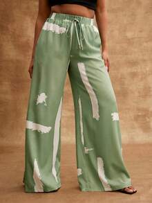 Vixey Printed Woven Drawstring Waistband Wide Leg Vacation Pants - Green - View 2