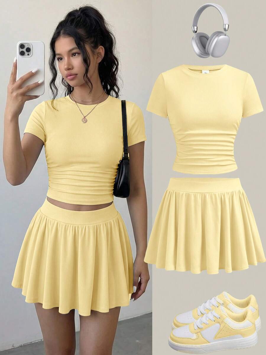 SHEIN Girlism 青少年女孩夏季修身T恤與裙子兩件套,新款黃色純色短袖T恤與防走光裙套裝,適合日常通勤、優雅、派對、家庭聚會、畢業、度假的多功能穿搭 - 黃色 - 查看 1