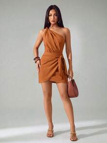 SHEIN PETITE 2026 Frühling/Sommer Neues Musikfestival, Ostern, St. Patrick's Day, Valentinstag, Date, Western, Nomaden, Geburtstagsparty, Abschluss, College, Student, Alltagskleidung, All-Match vielseitig, Lässig, Urlaub, Kreuzfahrt, Strand, Sonnenbaden, Viral, Streetwear, Hochzeitsgast Boho, Pendeln, Brunch, Flughafen, Party, Feiertagsausflug, Bürokleidung, Leinen Braun Wickel Bindung Taille Mini Kleid, Sommerkleider für Frauen - Rotbraun - Übersicht 4
