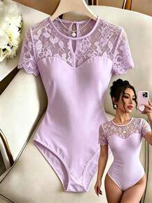 SHEIN Clasi 春夏新款芭蕾經典三角一片式蕾絲連身衣，適合舞蹈、瑜伽、疊穿等多用途 - 紫色 - 查看 3