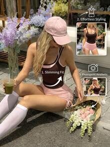 SHEIN Sovereign Charm 女款 2 件組人造分層上衣與短褲休閒日常運動套裝 - 彩色 - 查看 5
