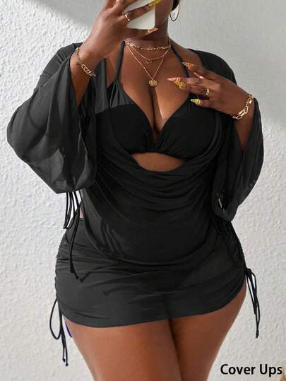 Slaydiva Plus Size Women 2pcs Solid Color Mesh Sexy Beach Vacation Swimwear Cover-Up