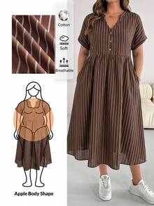 SHEIN Essnce 大尺碼女款缺口V領條紋百褶休閒日常洋裝 - 棕色 - 查看 1