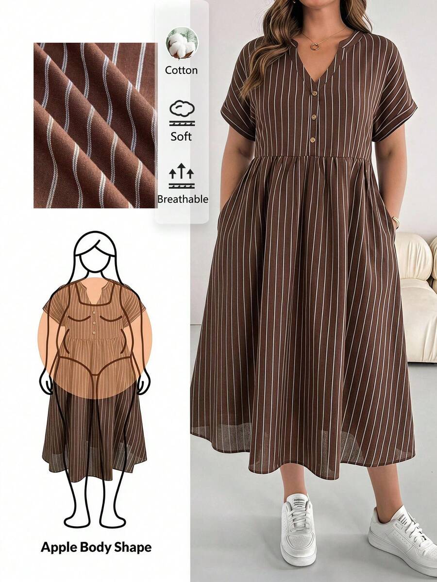 SHEIN Essnce 大尺碼女款缺口V領條紋百褶休閒日常洋裝 - 棕色 - 查看 1