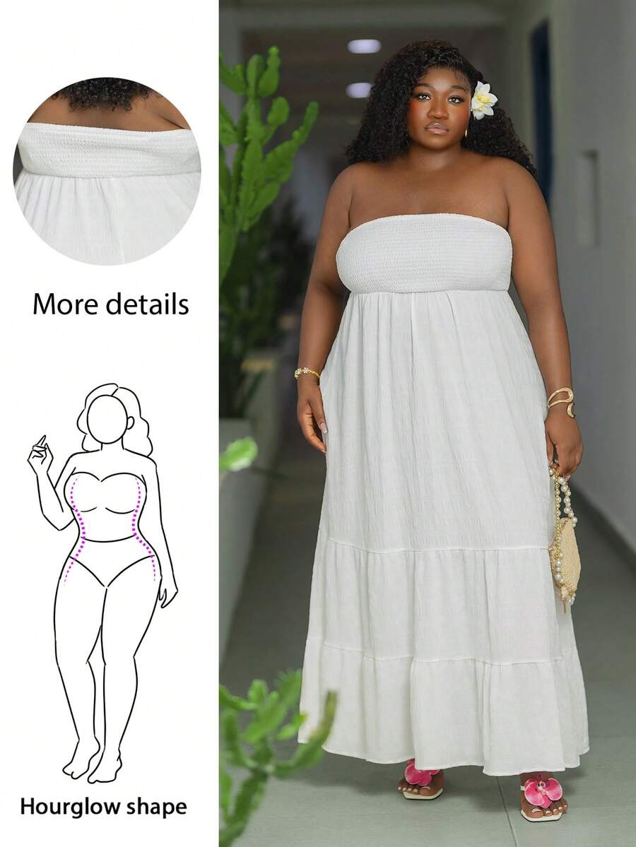 CurvyTilda Vacation Casual - Plus Size Green Solid Color Spring Style Strapless Dress,Summer Dresses For Women,Maxi Dress White Elegant - White - View 1