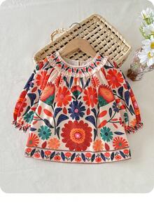 Babygirl Casual Cute Floral Pattern Ruffle Hem Long Sleeve Dress - Apricot - View 5