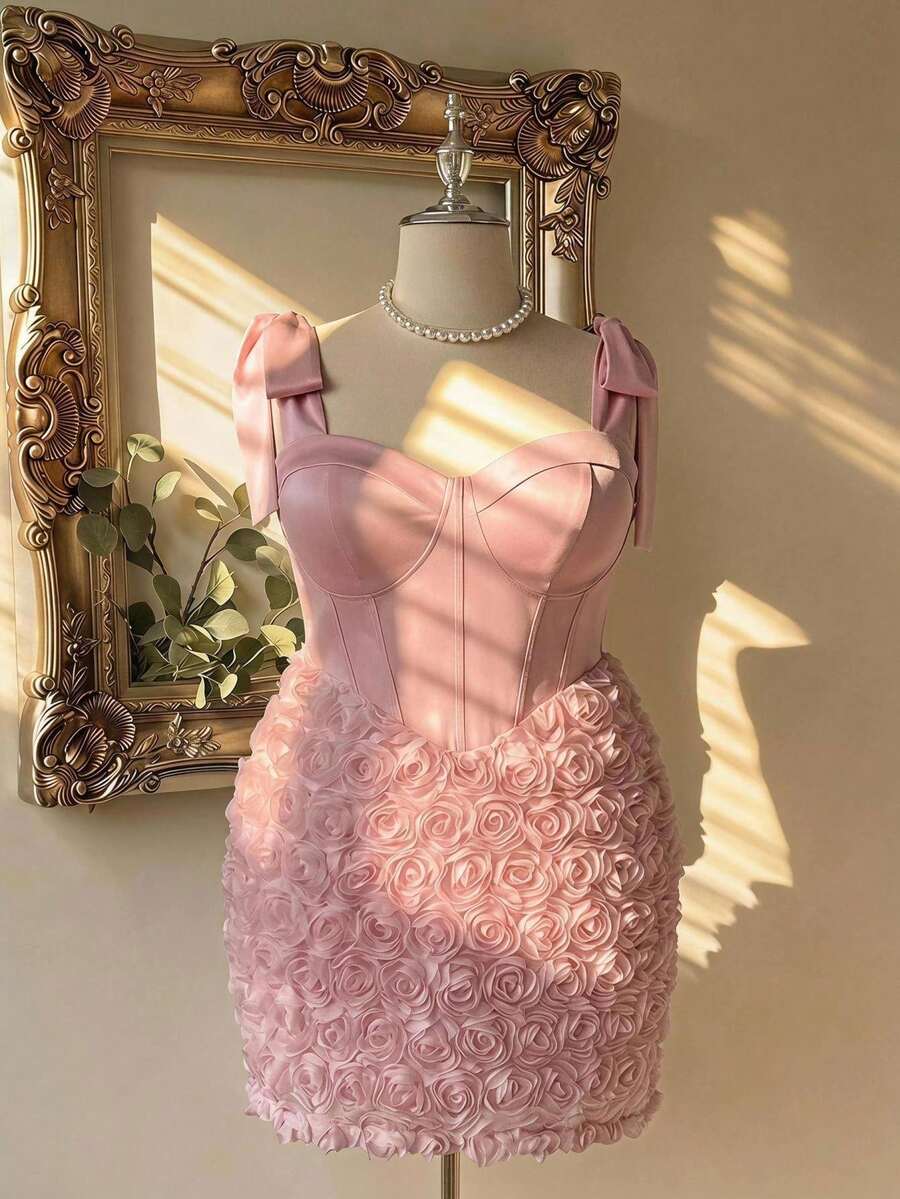 Lovelzi Plus Size Elegant Romantic Sexy Pink Strapless 3D Floral Fabric Waist-Defining Bodycon Short Party Wedding Cocktail Dress Wedding Spring - Pink - View 1