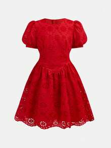 SHEIN Explorewe 大童熱門優雅紅色花瓣袖 A 字洋裝，春夏款，刺繡裝飾，優雅風格，適合家庭聚會、節慶與日常外出 - 紅色 - 查看 4