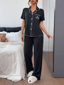 Napfluff Women's Casual Pocket Letter Print Lapel Short Sleeve Pajama Set - Black - View 4