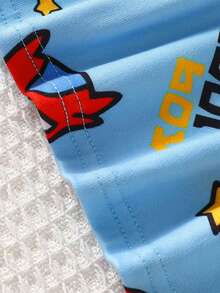 2pcs/Set Young Boy Knit Round Neck Short Sleeve Long Pants Blue Cute Funny Cartoon Pattern Simple Casual Comfortable Soft Snug Fit Loungewear Summer - Blue - View 9