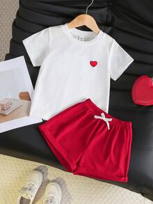 SHEIN Genkimix Kids 女童時尚可愛愛心刺繡針織短袖T恤上衣套裝，適合日常休閒、運動、外出與度假 - 彩色 - 查看 9