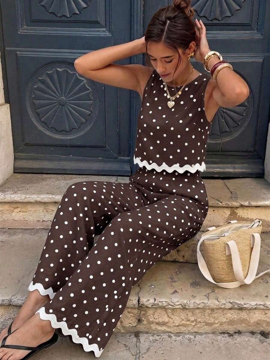 Serisse Women's Brown And White Polka Dot Contrast Color Top And Pants Casual Vintage Elegant Tropical Daily 2 Pieces Set Vacation Summer Brunch - Brown - View 1