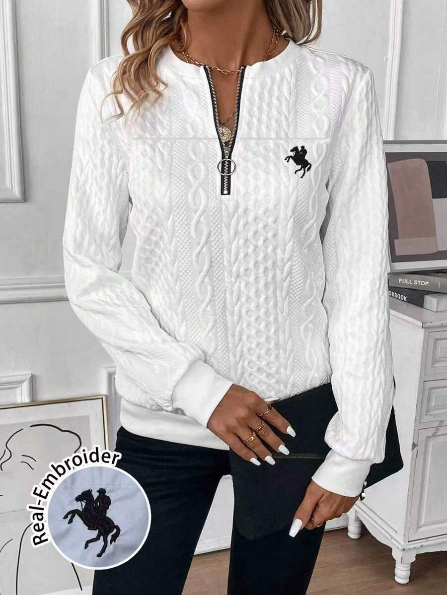 EMERY ROSE Casual Minimalist Loose Half-Zip Sweatshirt Plus Size Suitable For Autumn/Winter Fall - White - View 1