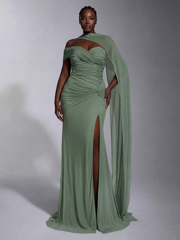 Elitara Plus Size Elegant Luxurious Grass Green Stretch Knit Mesh Ruched Sleeve Twisted Design With Halter Neck Flounce Sexy Slit Mermaid Dress For Wedding Events, Bachelorette Party, Vacation, Prom, Evening Gala