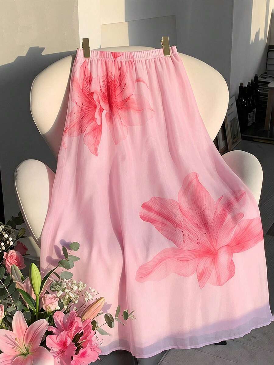 SHEIN MOD Plus Size Elegant Lily Large Floral Print Skirt, Summer, Graduation, Birthday, Prom, Wedding Guest, Pink,Elegant Party - Pink - View 1