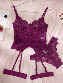 SHEIN 3件組蕾絲飾邊性感內衣文胸套裝 - 玫紅色 - 查看 6