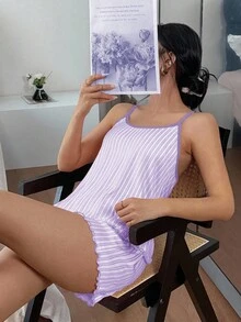 SHEIN 條紋印花細肩帶背心與短褲睡衣套裝 - 紫丁香色 - 查看 5