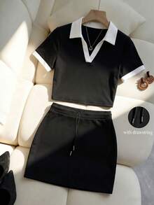 Franclia Women's Summer Casual Colorblock Patchwork Top Skirt Set School Black - Black and White - View 7
