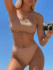 Swim Mod 女款粉色格紋可愛甜美荷葉邊飾綁帶細版抹胸比基尼套裝 - 棕色 - 查看 6