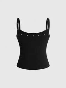 ROMWE Grunge Punk Conjunto de Verano Top de Tirantes Ajustado con Bordado de Calavera, Remaches y Estilo Punk Metal Oscuro - Negro - Ver 2