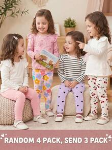 Dikirim 4 Paket Acak, 3 Paket Tersedia. Seri Warna Serbaguna, Seri Bunga & Garis-garis Manis, Legging Elastis Kasual Nyaman dan Lucu untuk Bayi Perempuan. - MultiWarna - View 3
