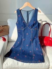 Brillora 女款櫻桃刺繡V領休閒飄逸可愛復古流蘇70年代無袖牛仔洋裝 藍色條紋 秋季優雅 度假派對野餐早午餐 - 中等水洗藍 - 查看 2