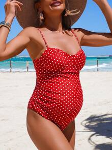 SHEIN 26SS 夏季海灘度假復古波點鋼圈基本款休閒孕婦連身泳衣 - 紅色 - 查看 5