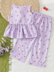 SHEIN Vintaside Kids 少女新款清新甜美藍白格紋櫻桃印花無袖上衣 3D鉤編櫻桃裝飾 + 寬鬆寬腿長褲 2件套，適合日常休閒海灘度假，夏季 - 紫色 - 查看 2