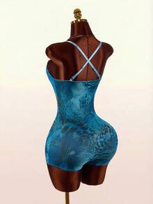 Amplova Women's Sexy Lace Patchwork Leopard Print Fitted Romper, Summer - Blue - View 7
